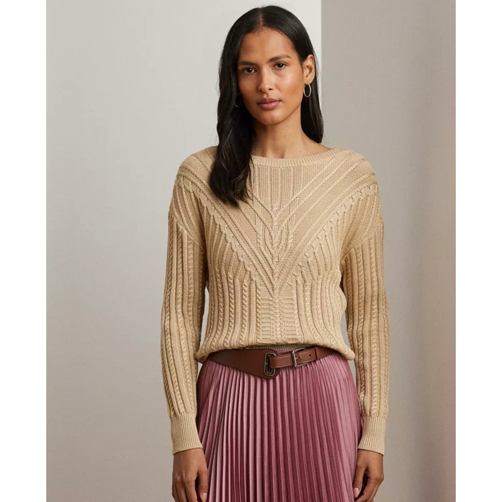 Lauren Ralph Lauren Women's Cable-Knit Cotton-Blend Boatneck Sweater Tan XS